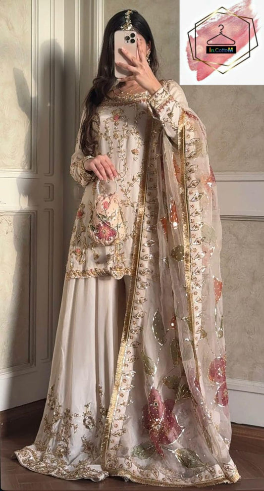 CREAM CHINON SILK SHARARA KURTA SET WITH DUPATTA