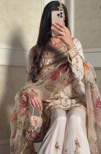 CREAM CHINON SILK SHARARA KURTA SET WITH DUPATTA