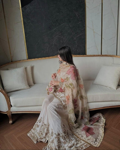 CREAM CHINON SILK SHARARA KURTA SET WITH DUPATTA