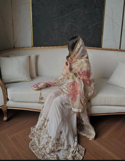 CREAM CHINON SILK SHARARA KURTA SET WITH DUPATTA