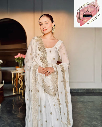 WHITE - HEAVY CHINON SILK ANARKALI GOWN DUPATTA SET