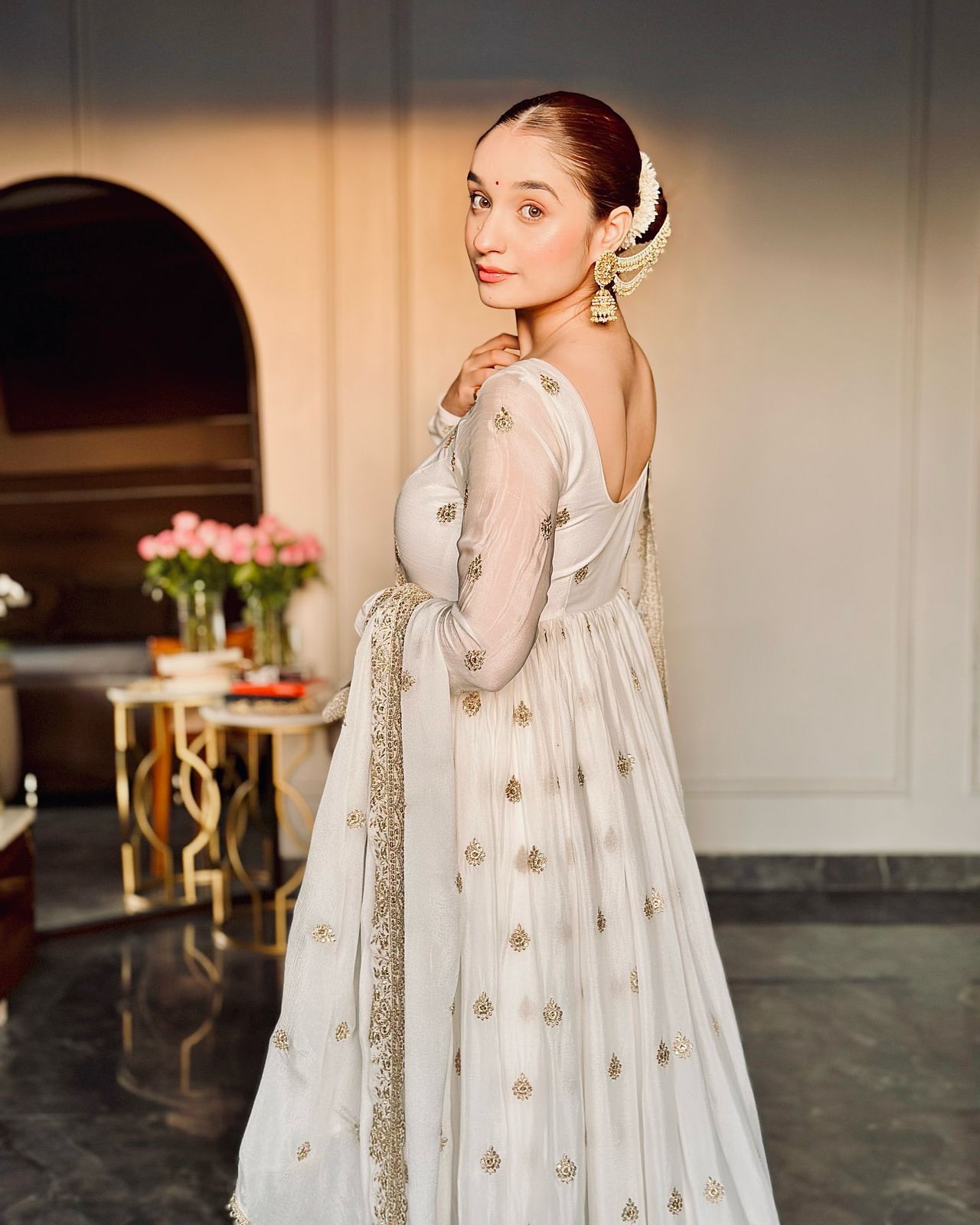 WHITE - HEAVY CHINON SILK ANARKALI GOWN DUPATTA SET