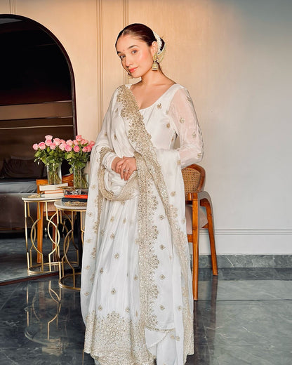 WHITE - HEAVY CHINON SILK ANARKALI GOWN DUPATTA SET