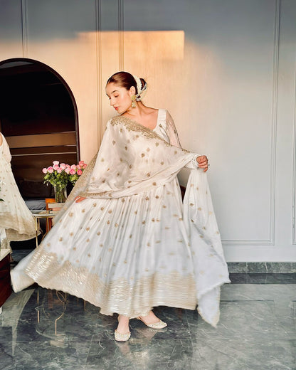 WHITE - HEAVY CHINON SILK ANARKALI GOWN DUPATTA SET