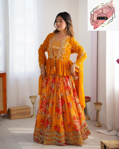 ORANGE PRINTED LEHENGA CHOLI WITH KOTI