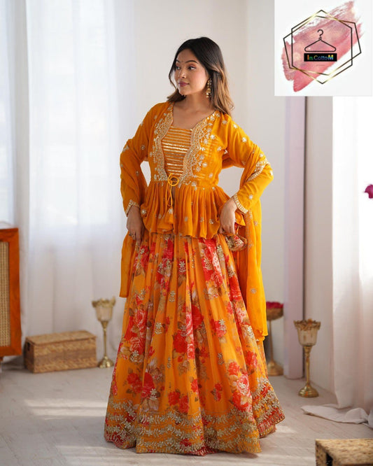 ORANGE PRINTED LEHENGA CHOLI WITH KOTI