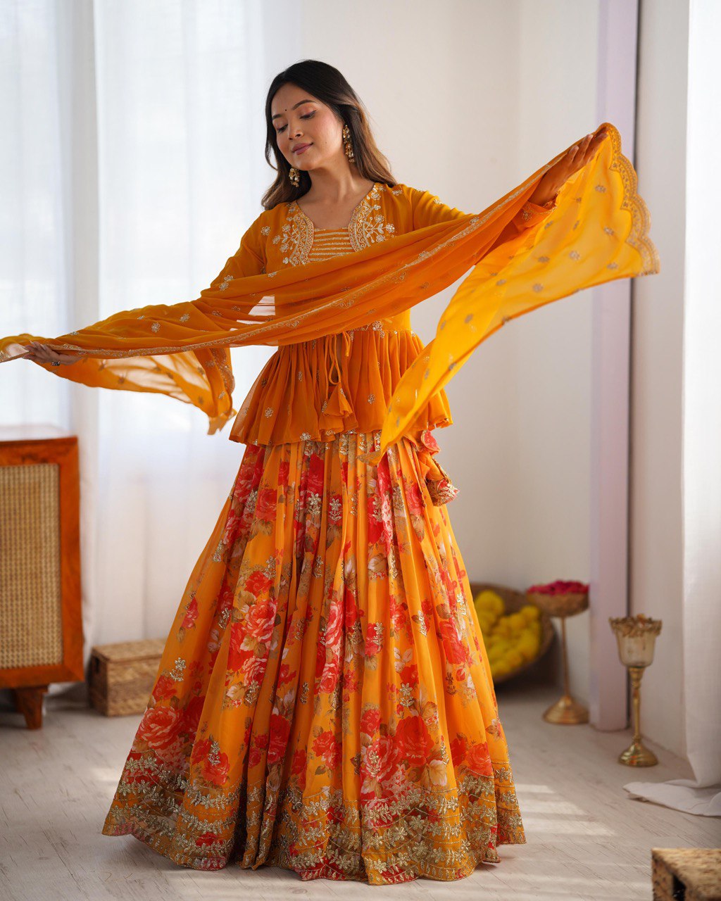 ORANGE PRINTED LEHENGA CHOLI WITH KOTI