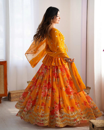 ORANGE PRINTED LEHENGA CHOLI WITH KOTI