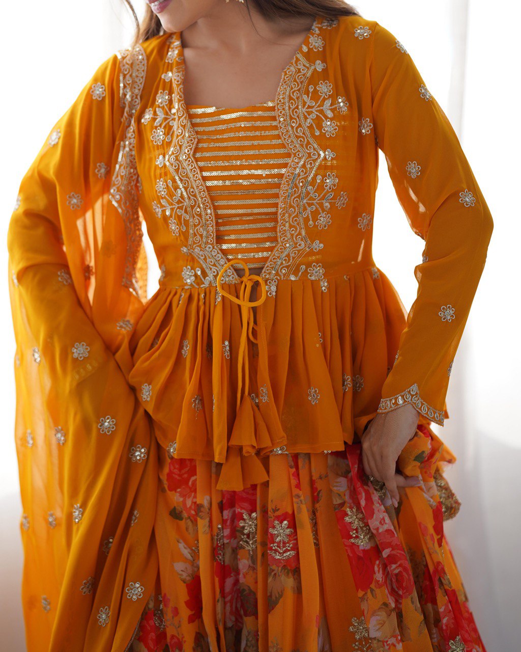 ORANGE PRINTED LEHENGA CHOLI WITH KOTI