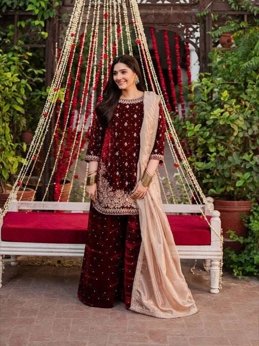 MAROON - HEAVY VISCOSE VELVET PLAZZO PAKISTANI SALWAR SUIT SET
