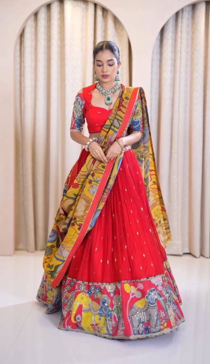 RED PREMIUM KALAMKARI PRINT LEHENGA CHOLI SET