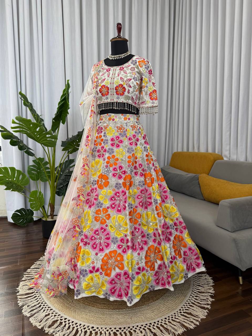 KISHAAKSH - FLORAL EMBROIDERED MULTI COLOUR LEHENGA (Fully Stitched)