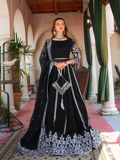 ZARINA - BLACK VELVET THREAD & SEQUENCE EMBROIDERY LEHENGA SET WITH DUPATTA