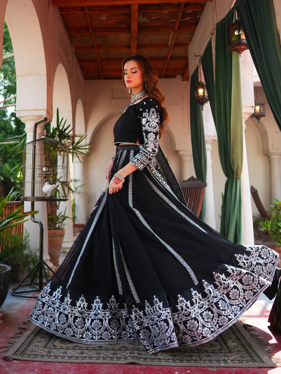 ZARINA - BLACK VELVET THREAD & SEQUENCE EMBROIDERY LEHENGA SET WITH DUPATTA