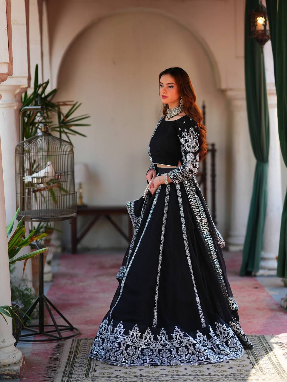 ZARINA - BLACK VELVET THREAD & SEQUENCE EMBROIDERY LEHENGA SET WITH DUPATTA