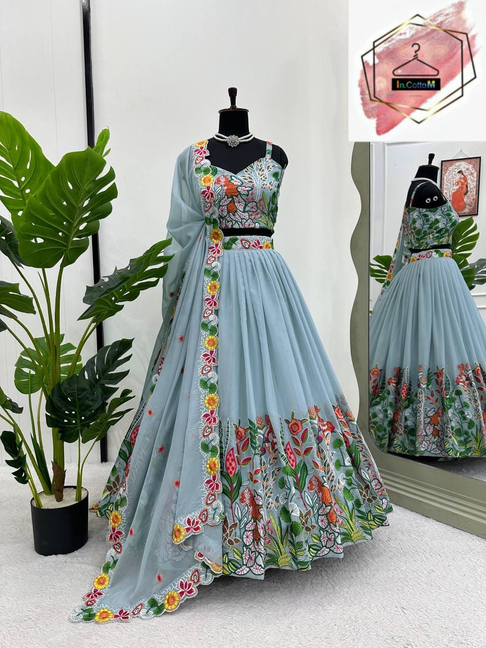 PASTEL SKY ELEGANT TABBY ORGANZA FULLY STTITCHED LEHENGA SET WITH THREAD EMBROIDERY CUTWORK DUPATTA