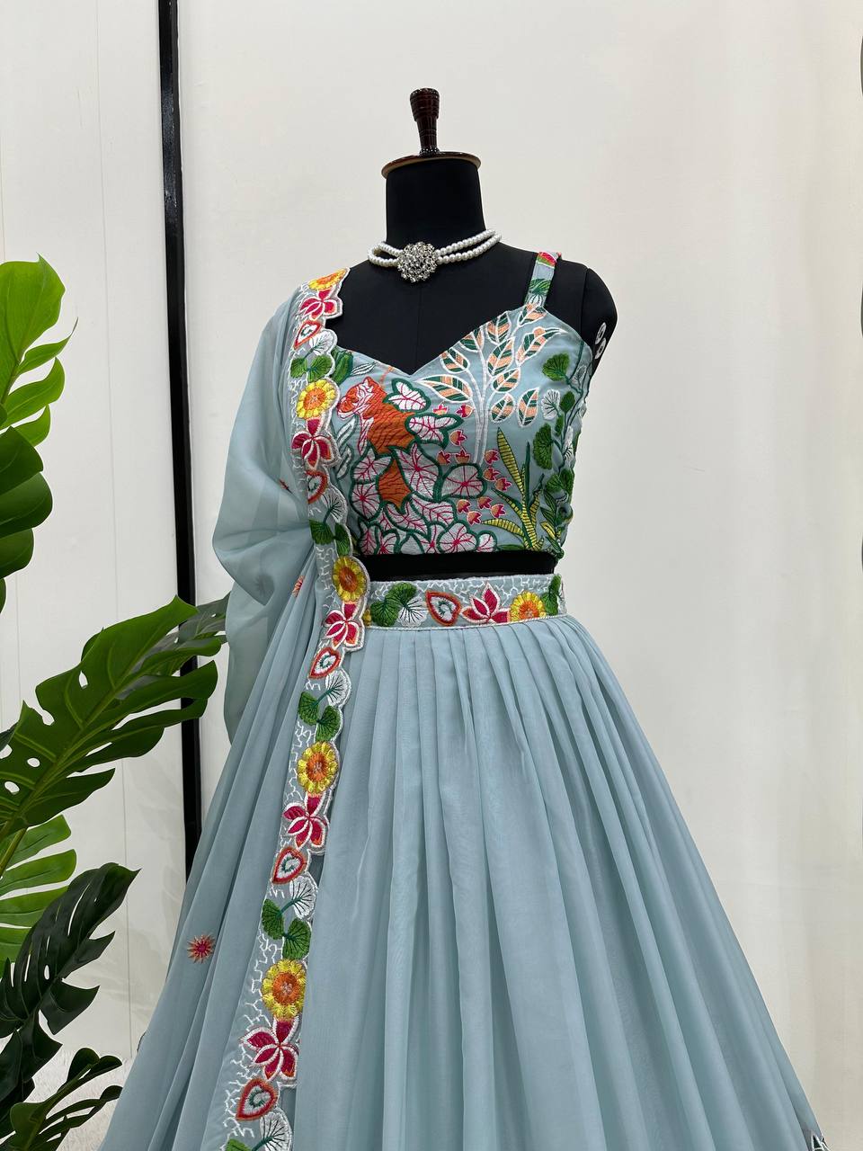 PASTEL SKY ELEGANT TABBY ORGANZA FULLY STTITCHED LEHENGA SET WITH THREAD EMBROIDERY CUTWORK DUPATTA