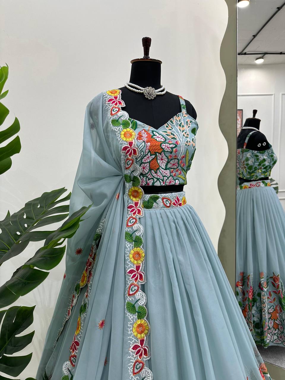 PASTEL SKY ELEGANT TABBY ORGANZA FULLY STTITCHED LEHENGA SET WITH THREAD EMBROIDERY CUTWORK DUPATTA