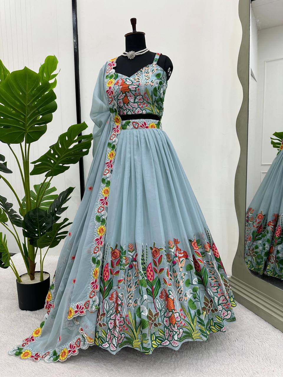 PASTEL SKY ELEGANT TABBY ORGANZA FULLY STTITCHED LEHENGA SET WITH THREAD EMBROIDERY CUTWORK DUPATTA