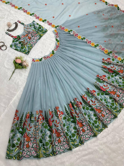 PASTEL SKY ELEGANT TABBY ORGANZA FULLY STTITCHED LEHENGA SET WITH THREAD EMBROIDERY CUTWORK DUPATTA
