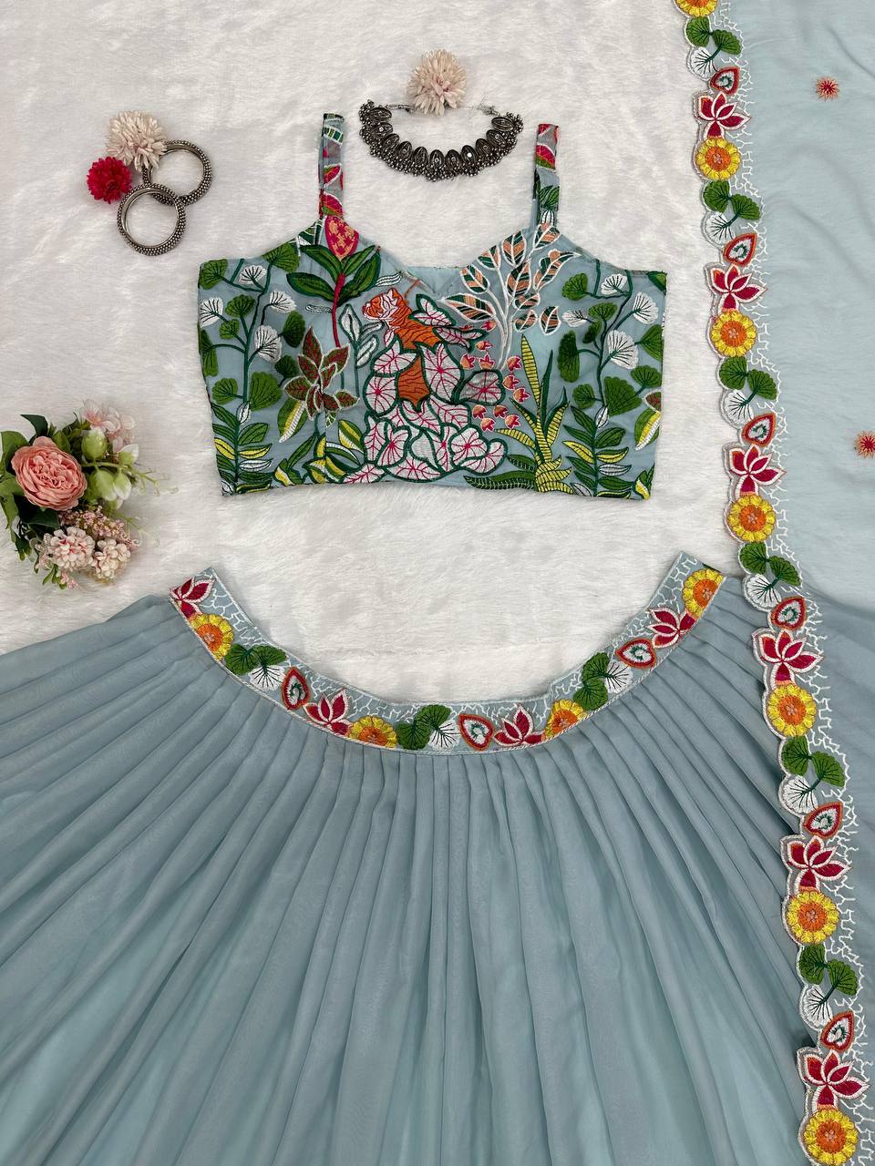 PASTEL SKY ELEGANT TABBY ORGANZA FULLY STTITCHED LEHENGA SET WITH THREAD EMBROIDERY CUTWORK DUPATTA