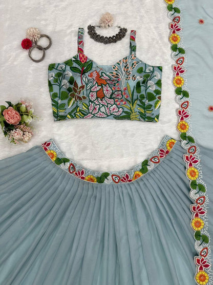 PASTEL SKY ELEGANT TABBY ORGANZA FULLY STTITCHED LEHENGA SET WITH THREAD EMBROIDERY CUTWORK DUPATTA