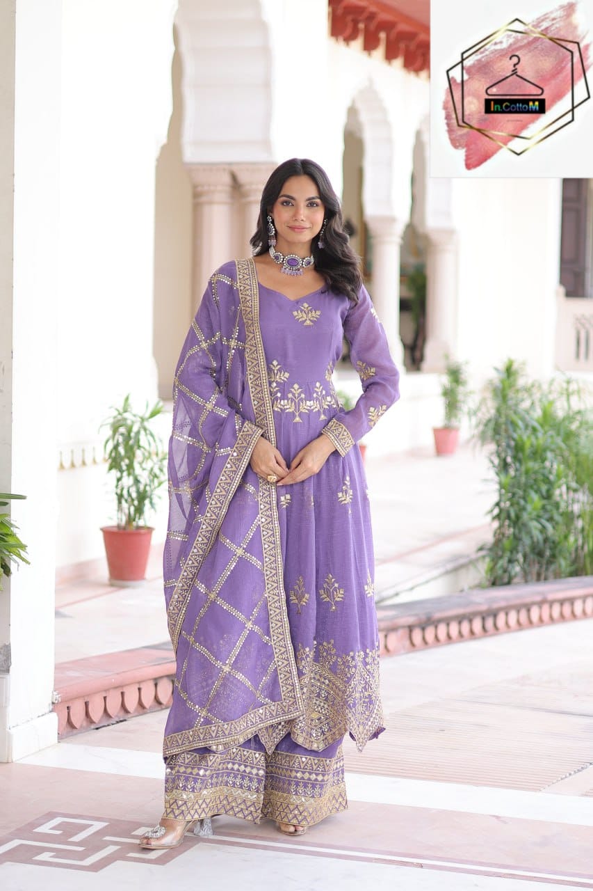 LAVENDER GOWN , BOTTOM & DUPATTA WITH EMBROIDERY WORK (FULLY STTITCHED)