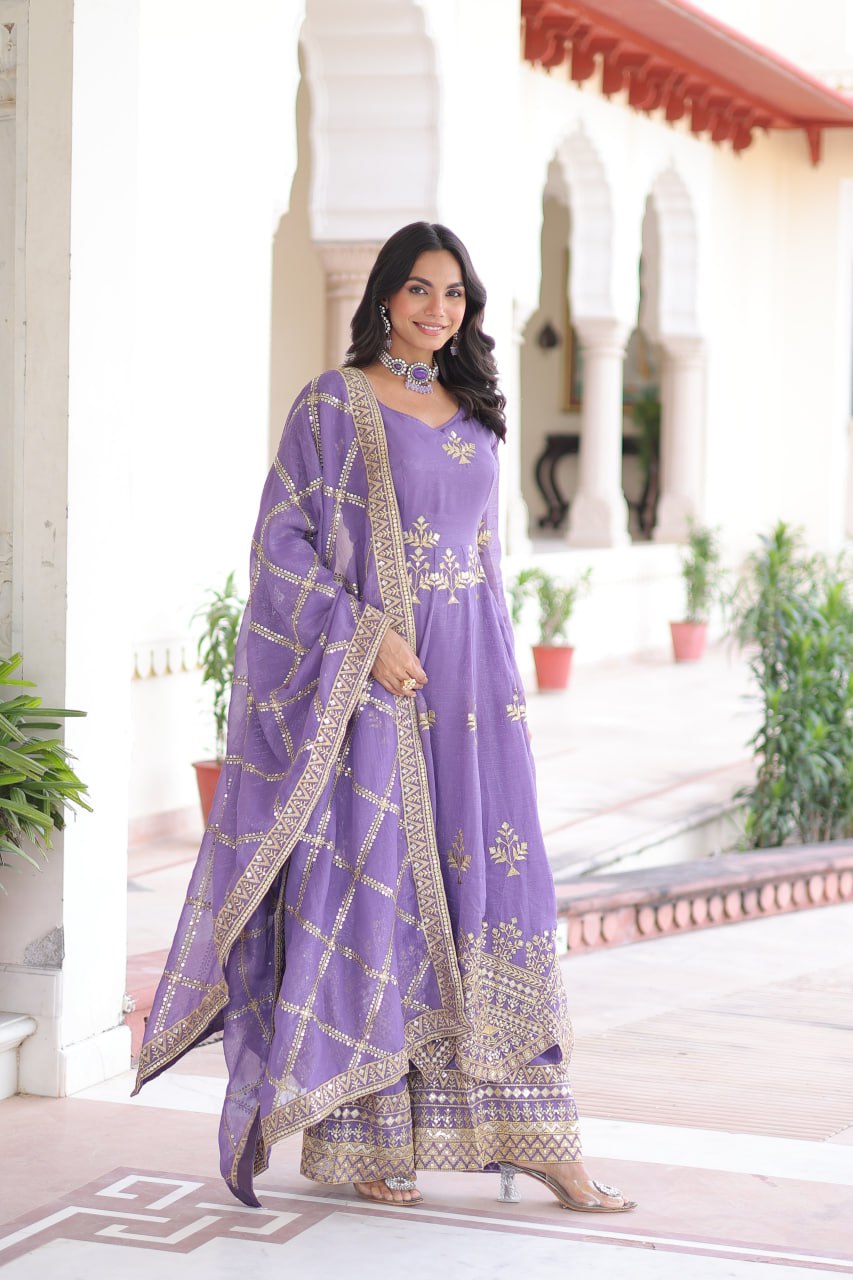 LAVENDER GOWN , BOTTOM & DUPATTA WITH EMBROIDERY WORK (FULLY STTITCHED)