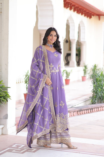 LAVENDER GOWN , BOTTOM & DUPATTA WITH EMBROIDERY WORK (FULLY STTITCHED)