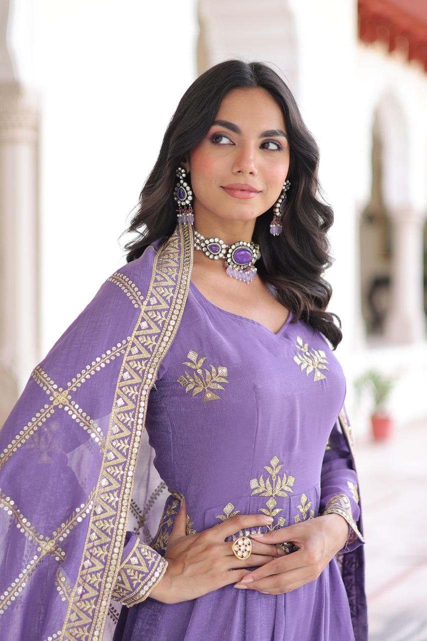 LAVENDER GOWN , BOTTOM & DUPATTA WITH EMBROIDERY WORK (FULLY STTITCHED)