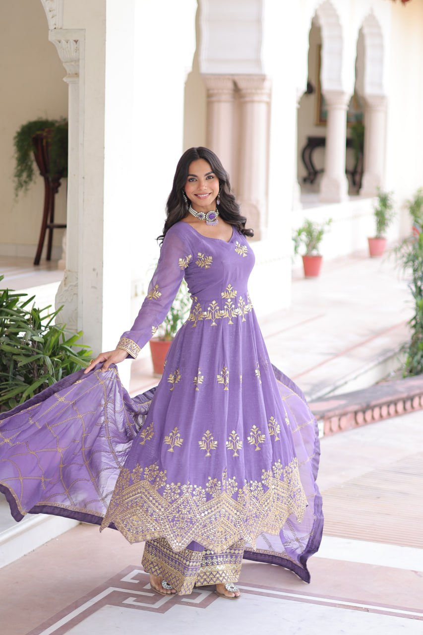 LAVENDER GOWN , BOTTOM & DUPATTA WITH EMBROIDERY WORK (FULLY STTITCHED)