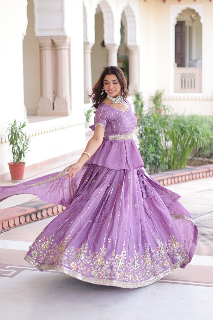 LAVENDER - GOLD CRUSH LEHENGA CHOLI WITH MULTI THREAD EMBROIDERY ZARI SEQUENCE WORK