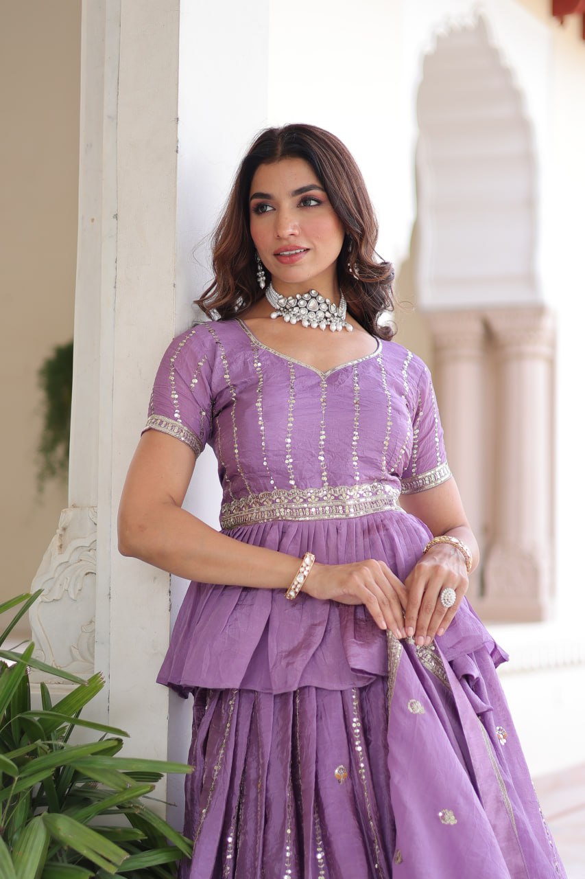 LAVENDER - GOLD CRUSH LEHENGA CHOLI WITH MULTI THREAD EMBROIDERY ZARI SEQUENCE WORK