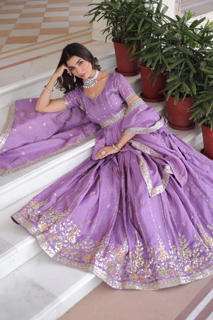 LAVENDER - GOLD CRUSH LEHENGA CHOLI WITH MULTI THREAD EMBROIDERY ZARI SEQUENCE WORK