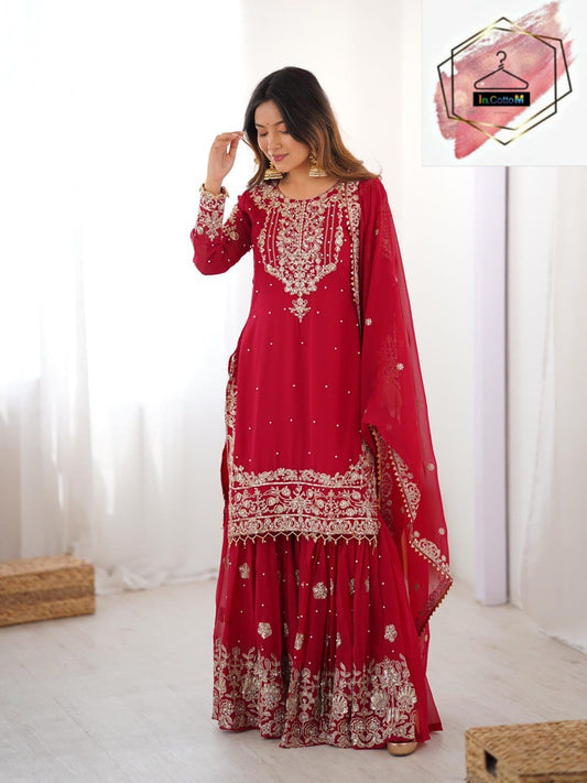 WOMEN FLORAL EMBROIDERY KURTA WITH SHARARA & DUPATTA