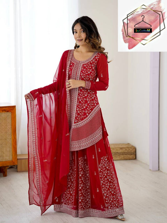 In.CottoM- RED GEORGETTE - SEQUENCE & THREAD WITH PEARL WORK SHARARA SET