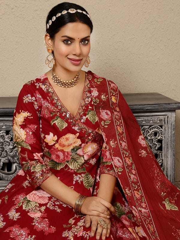 MAROON COTTON CALF LENGTH PRINTED AGRAKHA ANARKALI KURTA SUIT SET