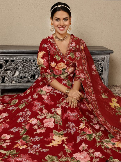 MAROON COTTON CALF LENGTH PRINTED AGRAKHA ANARKALI KURTA SUIT SET