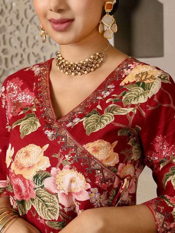 MAROON COTTON CALF LENGTH PRINTED AGRAKHA ANARKALI KURTA SUIT SET