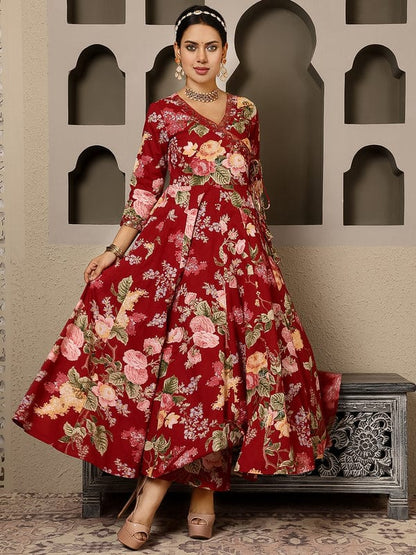 MAROON COTTON CALF LENGTH PRINTED AGRAKHA ANARKALI KURTA SUIT SET