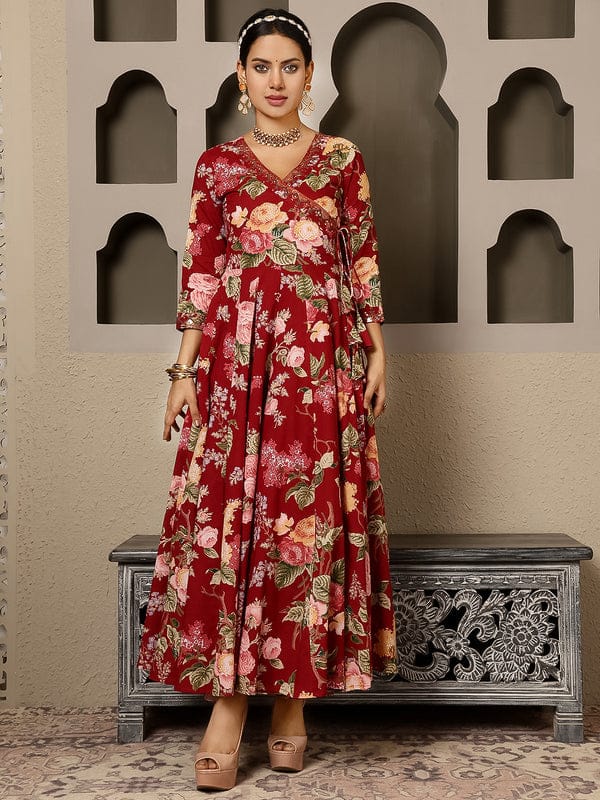 MAROON COTTON CALF LENGTH PRINTED AGRAKHA ANARKALI KURTA SUIT SET