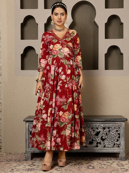 MAROON COTTON CALF LENGTH PRINTED AGRAKHA ANARKALI KURTA SUIT SET