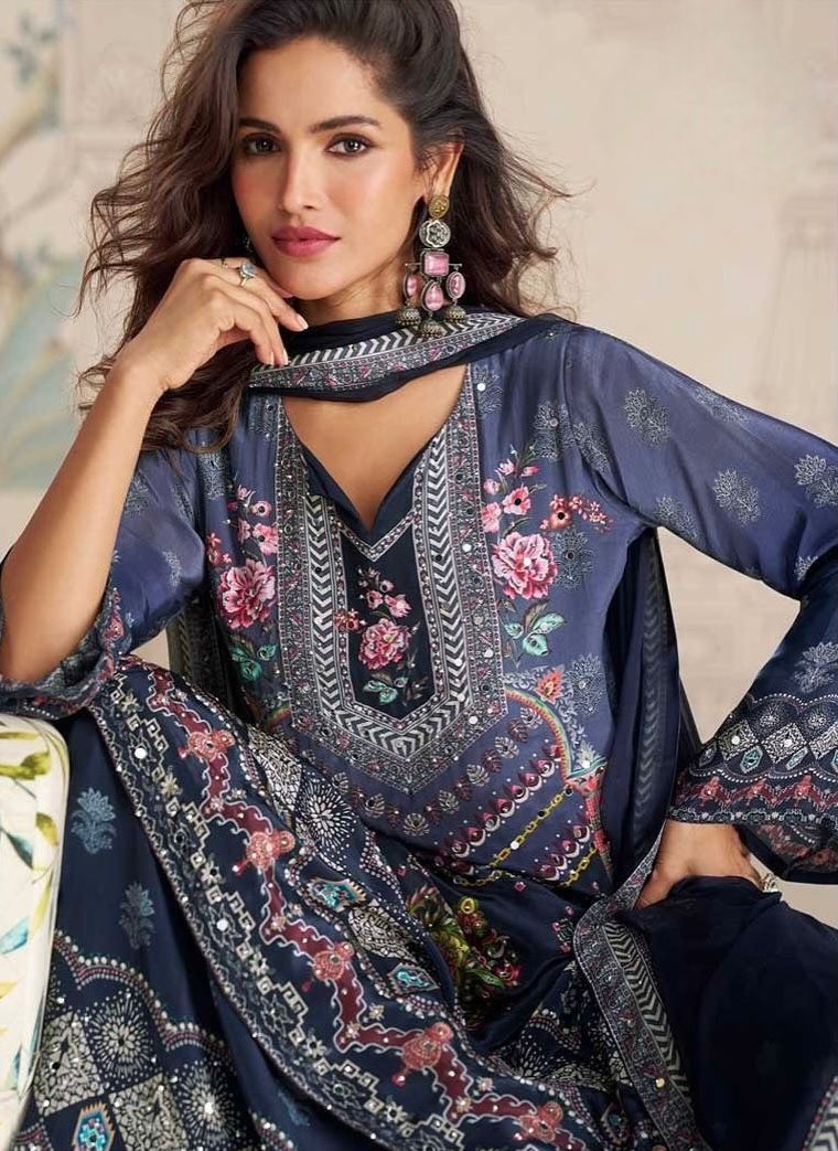 ELEGANT CHINON SILK SHARARA KURTA SET WITH DUPATTA (FULLY STTITCHED)