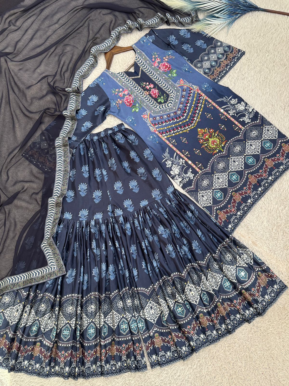 ELEGANT CHINON SILK SHARARA KURTA SET WITH DUPATTA (FULLY STTITCHED)