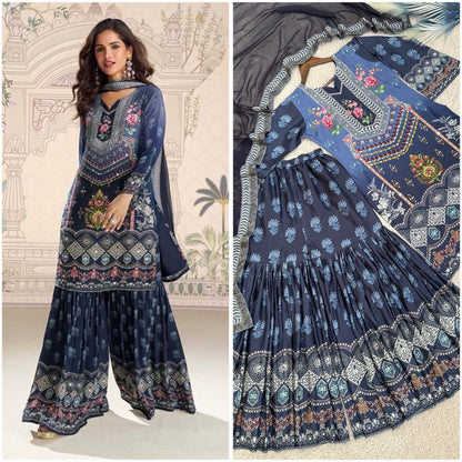 ELEGANT CHINON SILK SHARARA KURTA SET WITH DUPATTA (FULLY STTITCHED)