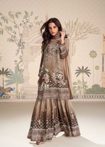 ELEGANT CHINON SILK SHARARA KURTA SET WITH DUPATTA (FULLY STTITCHED)