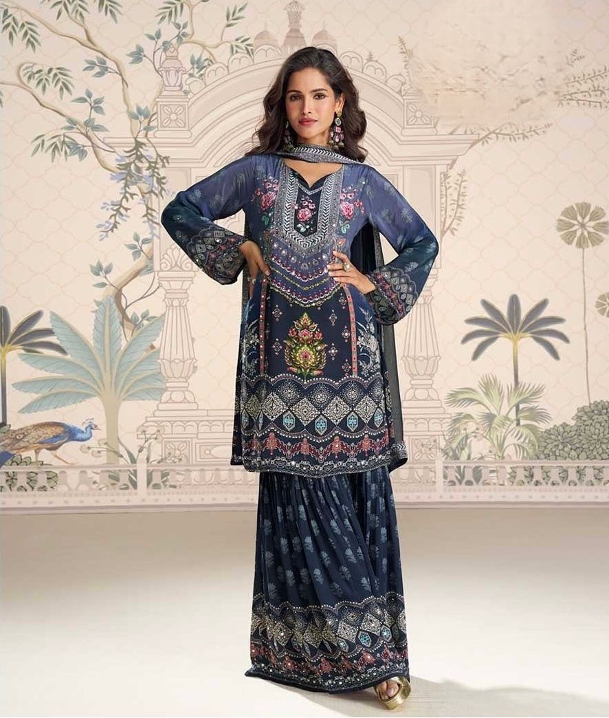 ELEGANT CHINON SILK SHARARA KURTA SET WITH DUPATTA (FULLY STTITCHED)