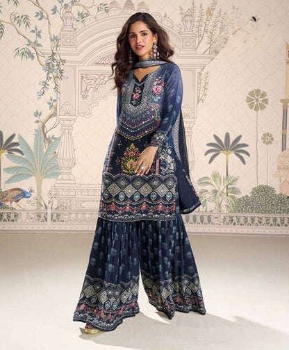 ELEGANT CHINON SILK SHARARA KURTA SET WITH DUPATTA (FULLY STTITCHED)