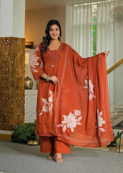 COTTON FLOWER PRINT KURTA SET WITH DUPATTA