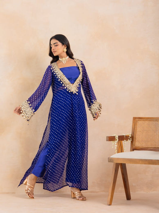 InCottoM PREMIUM - BLUE BANDHEJ MIRROR EMBROIDERED KURTA